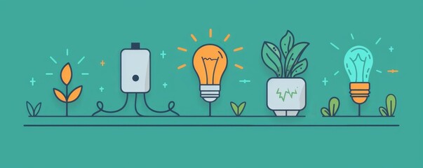 Vector illustration of eco-friendly technology with plants and light bulbs symbolizing sustainable energy and innovation.