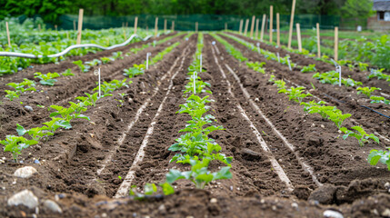Obraz premium Close-up of a freshly tilled garden bed on a school farm, with rich, dark soil ready for planting. Rows of neatly spaced furrows are visible, with small garden markers indicating where different 