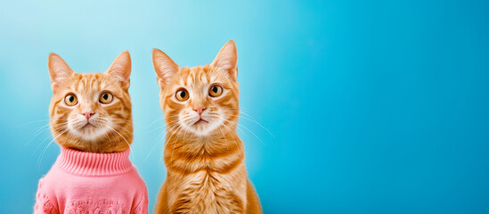 Two Ginger Cats in Pink Sweater on Pastel Blue Background - Banner with Copy Space