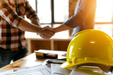 A professional photo of two people shaking hands over an office desk, with construction plans and a yellow helmet on the table. The background is blurred to emphasize.