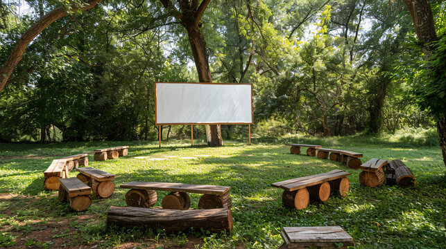 An outdoor classroom setup with a large whiteboard or chalkboard on a stand, surrounded by natural elements like trees and grass. There are empty wooden benches or log seating arranged in 