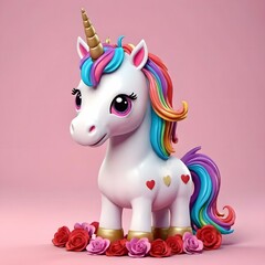 Cartoon colourful kawaii 3d rendered standing unicorn on pink background for Valentine's Day