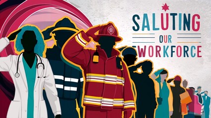 Labor Day Illustration of Diverse Workforce Saluting, Including Doctor and Firefighter on Abstract Background