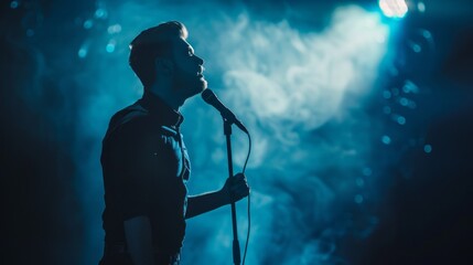Obraz premium A man is singing into a microphone in front of a blue light