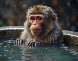 Obraz premium Wet japanese Snow monkey looking at mobile phone in spa bath hot spring water, snow background. Funny pet creative animal hipster character with technology, humorous greeting card halloween wallpaper.