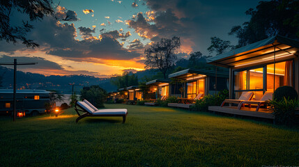 Obraz premium Glamping pods are glowing during golden hour as the sun sets over the lake