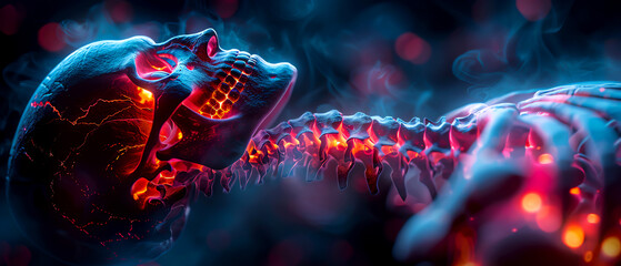 Obraz premium Glowing skeleton with futuristic neon lights, showcasing an abstract and eerie concept of technology and human anatomy blending together.