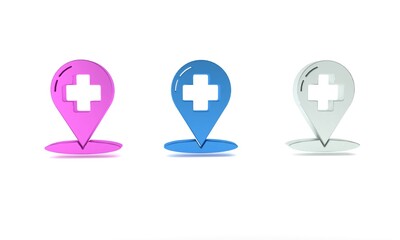 Colorful Medical map pointer with cross hospital icon isolated on white background. Minimalism concept. 3D render illustration