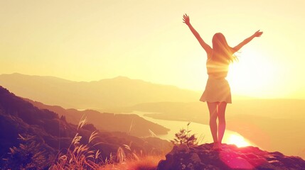 Silhouette of a young girl with raised arms in a mountain peak happy for her success