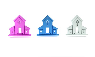 Colorful Church building icon isolated on white background. Christian Church. Religion of church. Minimalism concept. 3D render illustration