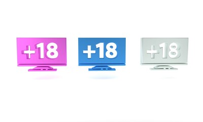 Colorful Computer monitor with 18 plus content icon isolated on white background. Age restriction symbol. Sex content sign. Adult channel. Minimalism concept. 3D render illustration