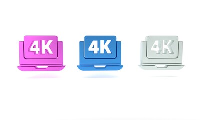 Obraz premium Colorful Laptop screen with 4k video technology icon isolated on white background. Minimalism concept. 3D render illustration