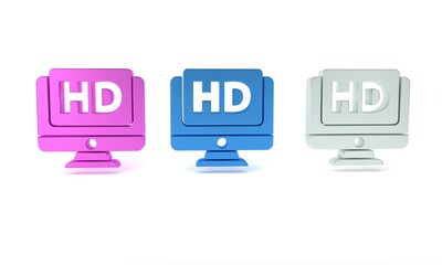 Colorful Computer PC monitor display with HD video technology icon isolated on white background. Minimalism concept. 3D render illustration