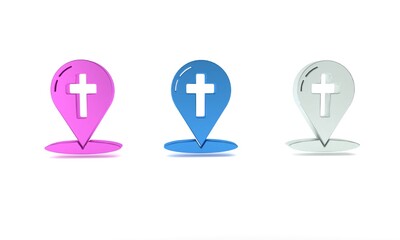 Colorful Map pointer with christian cross icon isolated on white background. Minimalism concept. 3D render illustration