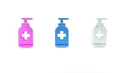 Colorful Bottle of liquid antibacterial soap with dispenser icon isolated on white background. Antiseptic. Disinfection, hygiene, skin care. Minimalism concept. 3D render illustration