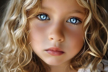 Naklejka premium Face of young girl child with long blond hair and blue eyes