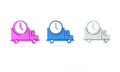 Colorful Logistics delivery truck and clock icon isolated on white background. Delivery time icon. Minimalism concept. 3D render illustration