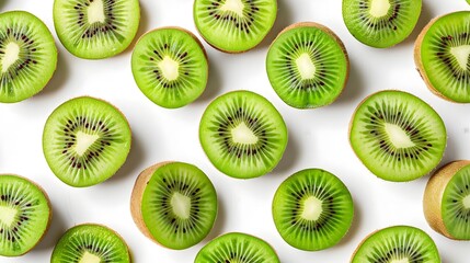 Fototapeta premium Vibrant Green Kiwi Slices on Clean White Background,Highlighting Unique Seed Pattern