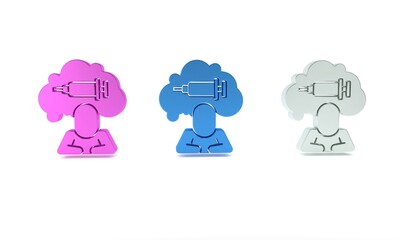 Colorful Addiction to the drug icon isolated on white background. Heroin, narcotic, addiction, illegal. Sick junkie with a syringe and medical pills. Minimalism concept. 3D render illustration