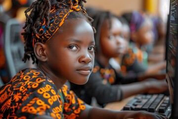 Young African Girl Learning Computer Skills in Classroom