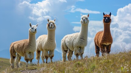 Fototapeta premium Four alpacas stand in a field on a sunny day, with a blue sky and white clouds behind them
