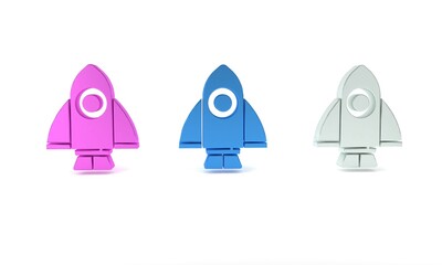 Colorful Rocket ship icon isolated on white background. Space travel. Minimalism concept. 3D render illustration