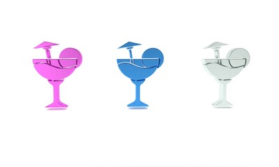 Colorful Cocktail and alcohol drink with umbrella icon isolated on white background. Minimalism concept. 3D render illustration
