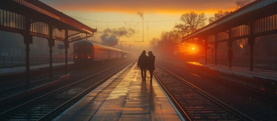 Silhouettes of Two People on a Train Platform at Sunset