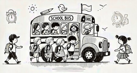Children Boarding School Bus Drawing