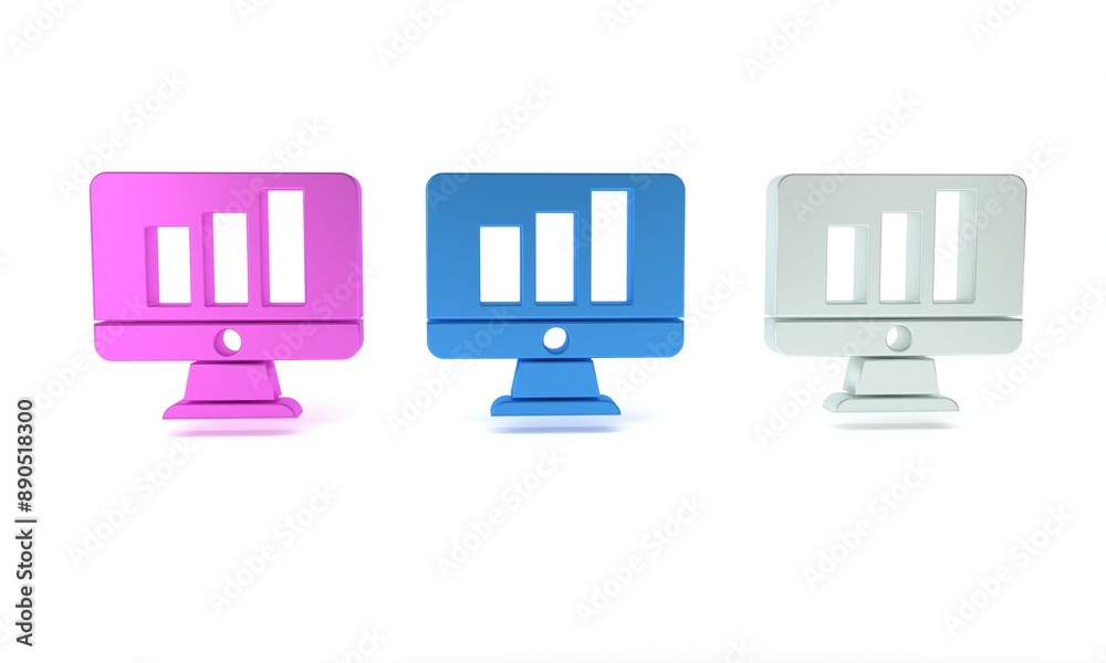 Poster colorful computer monitor with graph chart icon isolated on white background. report text file. acco