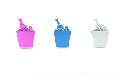 Colorful Bottle of champagne in an ice bucket icon isolated on white background. Minimalism concept. 3D render illustration