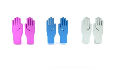Obraz premium Colorful Rubber gloves icon isolated on white background. Latex hand protection sign. Housework cleaning equipment symbol. Minimalism concept. 3D render illustration