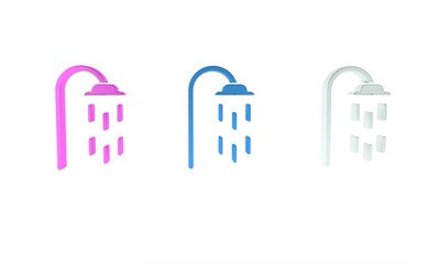 Colorful Shower head with water drops flowing icon isolated on white background. Minimalism concept. 3D render illustration
