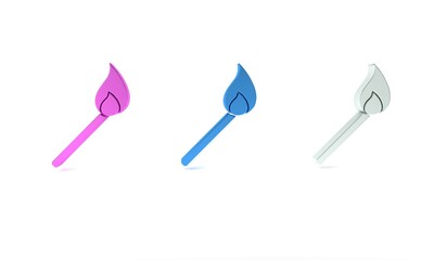 Colorful Burning match with fire icon isolated on white background. Match with fire. Matches sign. Minimalism concept. 3D render illustration