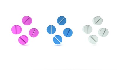 Colorful Medicine pill or tablet icon isolated on white background. Capsule pill and drug sign. Pharmacy design. Minimalism concept. 3D render illustration