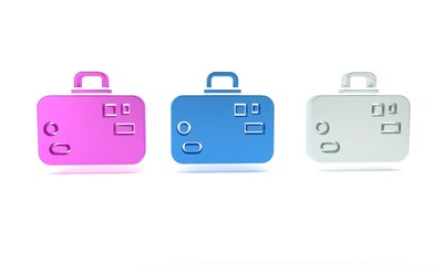 Colorful Suitcase for travel icon isolated on white background. Traveling baggage sign. Travel luggage icon. Minimalism concept. 3D render illustration