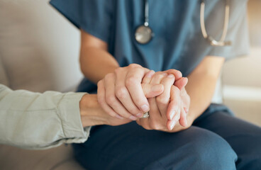 Senior care, woman and nurse or hand holding for comfort, assisted living and nursing home or...