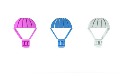 Colorful Box flying on parachute icon isolated on white background. Parcel with parachute for shipping. Delivery service, air shipping. Minimalism concept. 3D render illustration