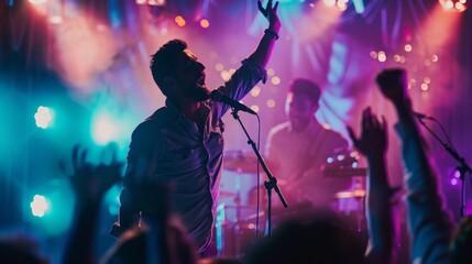 A man singing on stage with a microphone in front of a crowd of people