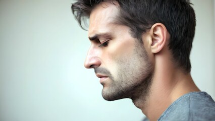 Fototapeta premium Profile of man with emotional pain, intense feeling of distress, sad or suffering, hurt deeply from heartbreak, loss or trauma, challenging relationships or illness