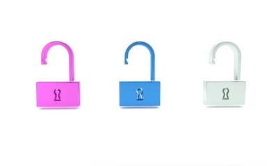 Colorful Open padlock icon isolated on white background. Opened lock sign. Cyber security concept. Digital data protection. Minimalism concept. 3D render illustration