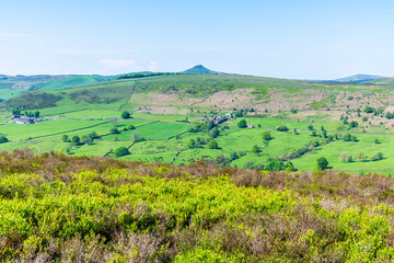 A view across the top of the Roaches escarpment into the valley below near to Lud's Church in Staffordshire in summertime