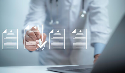 A medical worker fills out a business performance document checklist on a laptop. This digital form includes online surveys, questionnaires, and assessment forms