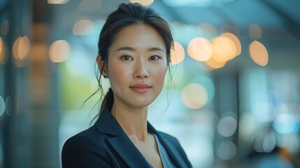 Obraz premium A woman in a black suit is smiling for the camera