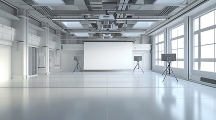 Two studio lights stand on tripods in an empty concrete room with bright sunlight streaming in from above