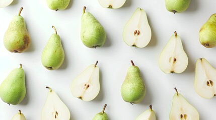 Whole and Sliced Pears Showcasing Smooth Texture and Fresh Green Color on White Background