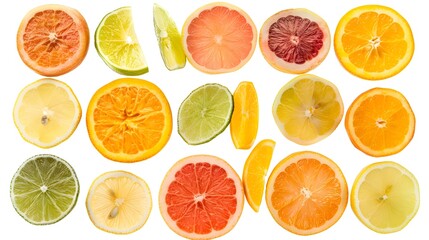 Assorted Vibrant Citrus Slices Arranged on a White Background Showcasing Refreshing Flavors