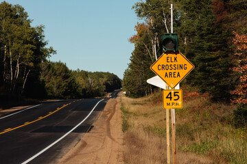 Elk Crossing light, activates when elk are near, on Hwy 77 near Clam Lake, Wisconsin © Drake Fleege
