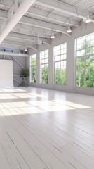 Fototapeta premium Two studio lights stand on tripods in an empty concrete room with bright sunlight streaming in from above