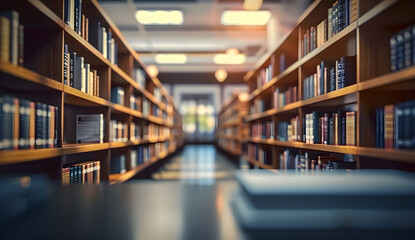Obraz premium Blurred classroom with bookshelves based on defocussed effect. Abstract blurred empty university library interior space. Use for background or backdrop in bookstore business or education concepts